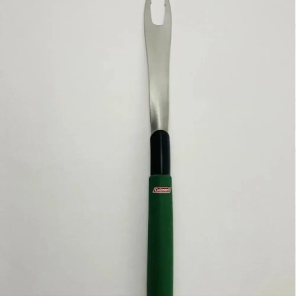 Meat Fork Coleman BBQ Grill Tool Green Handle Stainless Steel kitchen vtg